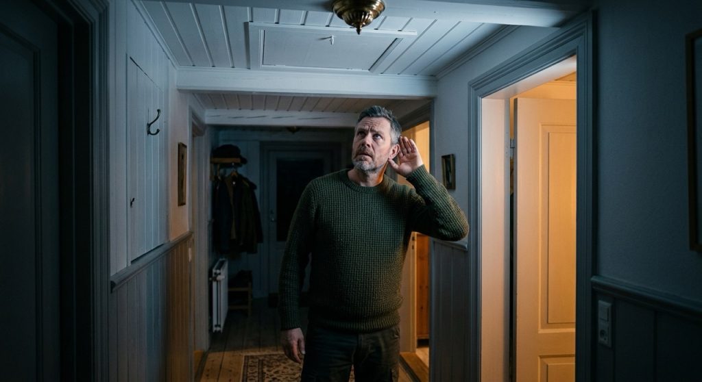 Lommelygte lyser ind på et mørkt loft med isolering for at finde spor efter mus, rotter eller mår